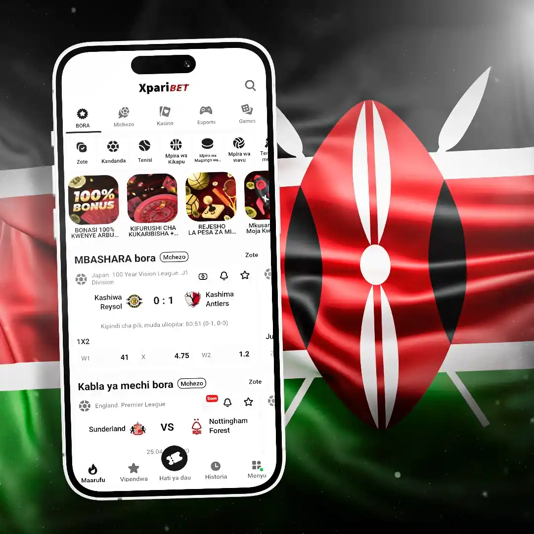 Interface ya Xparibet app Kenya kwa Kiswahili — lobby ikionyesha Michezo, Kasino, Esports, Aviator, bonasi ya 100%, odds za FKF Premier League na sehemu ya Hati ya Dau